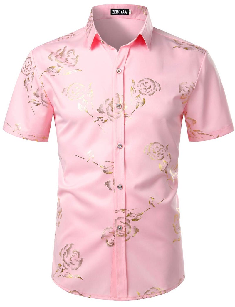 ZEROYAA Mens Hipster Gold Rose Printed Slim Fit Short Sleeve Button Down Dress Shirts ZZCL41 Pink X-Large - Image 1